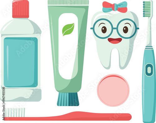 Oral hygiene dental care illustration with toothbrush toothpaste mouthwash smiling tooth character and hygiene accessories set