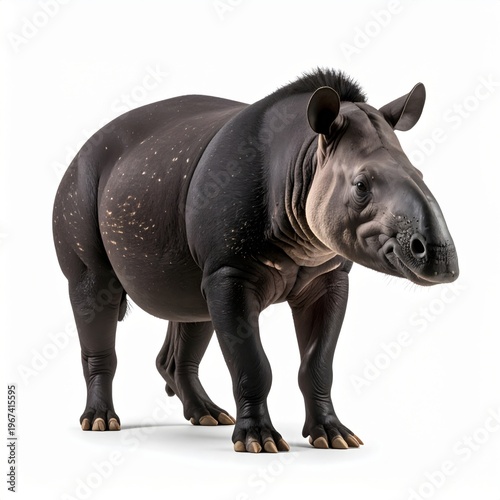 Full body studio portrait of a South American lowland tapir standing centered against a plain white background. Detailed view of the herbivorous mammal's dark grey skin, flexible snout, and ears.
