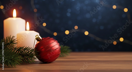 Cozy holiday scene with glowing candles, festive ornaments, and pine branches on wood, capturing warm winter traditions