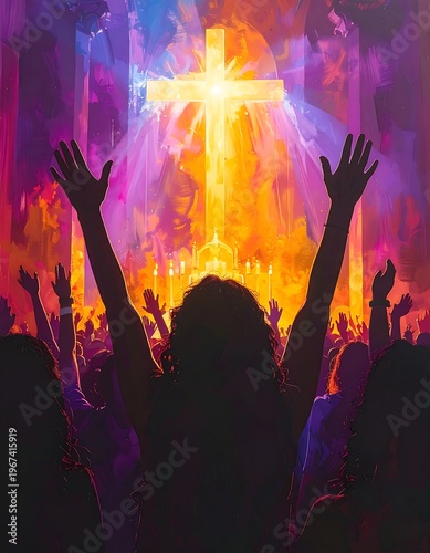 Silhouettes of people worshipping Jesus Christ.