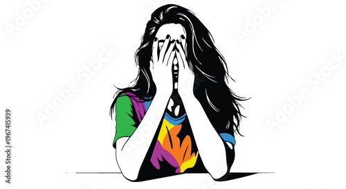 Illustration of a young woman with long hair covering her face with her hands in a gesture of despair