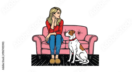 A young woman sitting on a pink couch looking at her dog
