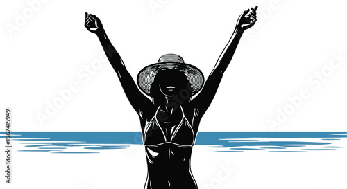Silhouette of a happy woman in a bikini and sun hat with arms raised on the beach