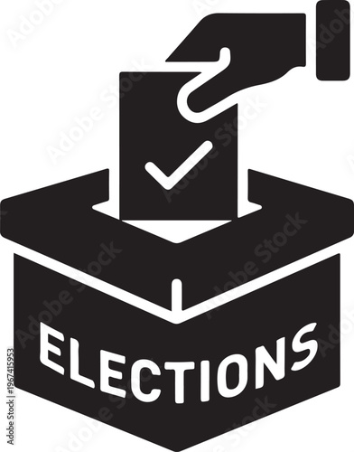 Black Silhouette of Hand Placing Ballot in Open Box with Checkmark and word Elections vote
