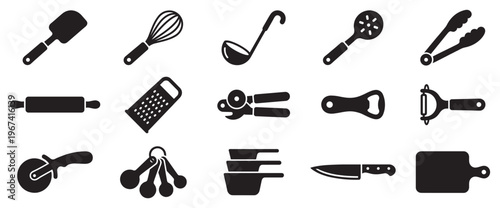 Collection of black kitchen utensil icons, including a spatula, whisk, ladle, and rolling pin, arranged neatly