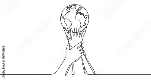 Continuous line drawing depicts multiple hands reaching up to hold and support a stylized globe, symbolizing global unity and environmental care