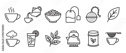 Collection of various line art icons representing different tea types, brewing methods, and related items, presented in a clean, minimalist style