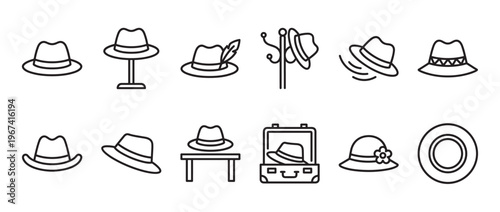 Collection of various outline hat icons, including fedoras, a cloche, and a straw hat, presented in a clean, graphic style