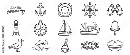 Various hand-drawn nautical themed icons, including ships, anchors, compasses, and other maritime elements, are neatly arranged in a grid