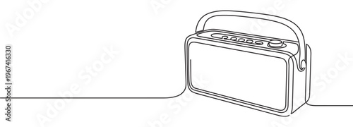 Single continuous line drawing of a vintage portable radio with a handle and control knobs, rendered in a minimalist style