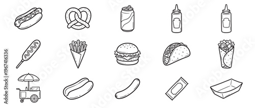 Collection of hand-drawn fast food icons including hot dogs, pretzels, burgers, fries, tacos, and condiments, presented in a clean, graphic style