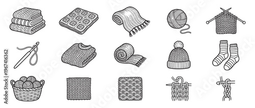 Collection of black and white line art illustrations depicting various knitted and crocheted items and tools