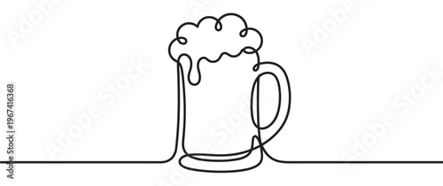 Single continuous line drawing of a beer mug filled with frothy foam, rendered in a minimalist black and white style