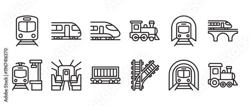 Collection of various black outline train and railway icons, including locomotives, carriages, and tracks, presented clearly