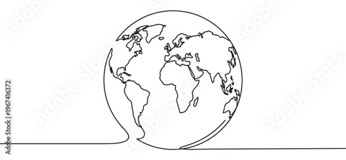 Continuous line drawing of the Earth globe with continents clearly visible, rendered in a simple, minimalist black and white style
