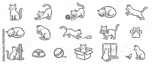 Collection of hand-drawn black and white cat illustrations depicting various playful and relaxed feline activities