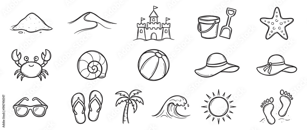 Fototapeta premium Collection of hand-drawn black and white summer beach icons, including sand, dunes, a sandcastle, bucket, shovel, starfish, crab, seashell, beach ball, sun hats, sunglasses, flip-flops, palm