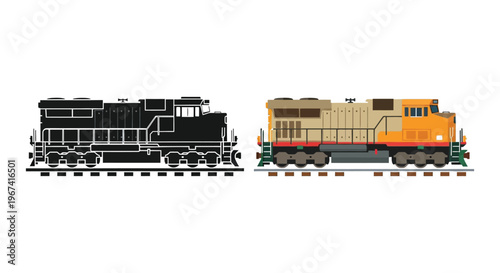 Detailed illustration of a diesel locomotive side view black silhouette