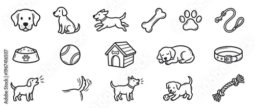 Collection of simple black outline dog and pet accessory icons, depicting various actions and items in a clean, graphic style