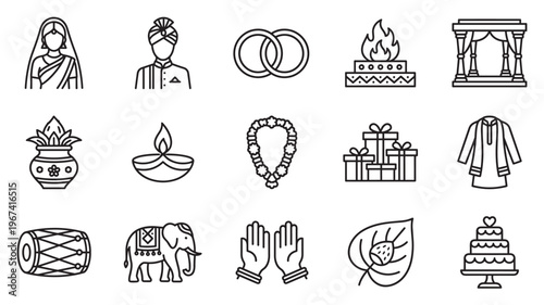 Collection of black outline icons representing various elements of an Indian wedding ceremony and culture
