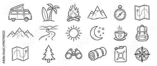 Collection of hand-drawn doodle icons representing various outdoor adventure and camping elements in a simple black and white style