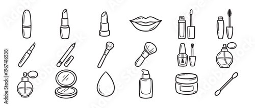 Collection of hand-drawn black outline beauty and makeup product icons arranged neatly on a white surface