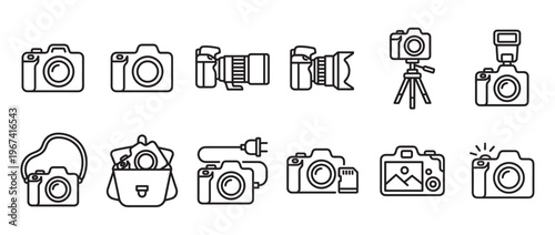 Collection of various outline camera icons and photography equipment, presented in a clean, simple, and modern vector style