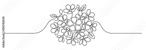 Beautiful continuous line drawing of delicate cherry blossoms and leaves, forming a charming floral bouquet with elegant simplicity