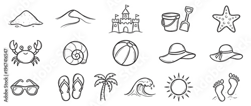 Collection of hand-drawn black and white summer beach icons, including sand, dunes, a sandcastle, bucket, shovel, starfish, crab, seashell, beach ball, sun hats, sunglasses, flip-flops, palm