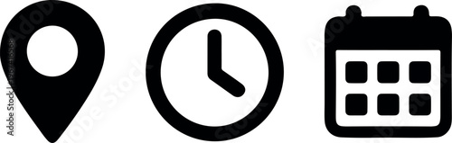 Calendar, clock, and location pin icons. Time, date, and address icon vector set for events, banner, poster, meeting, agenda, invitation and business cards.