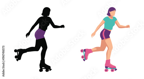 Woman roller skating depicted in color and a dark silhouette