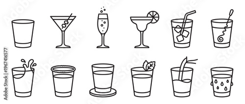 Collection of various outline drink glasses and cocktail icons, featuring different shapes and garnishes in a simple, clean style