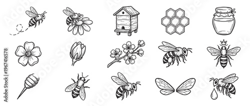 Various hand-drawn honey bee and beekeeping elements are depicted in a charming, rustic sketch style, perfect for nature-themed designs