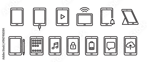 Collection of black outline tablet icons illustrating various functions and states of mobile devices