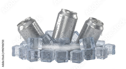 Three silver soda cans on ice cubes isolated on transparent background with water droplets