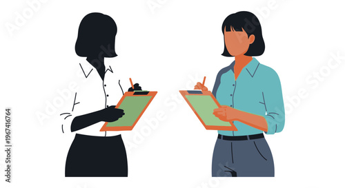 Two women discussing paperwork one represented as a striking silhouette