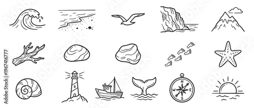 Collection of hand-drawn black and white doodle icons depicting various elements of the sea and nature, presented in a clean, graphic style