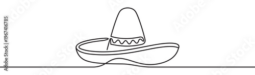 Single continuous line drawing of a traditional Mexican sombrero hat with a wide brim and pointed crown