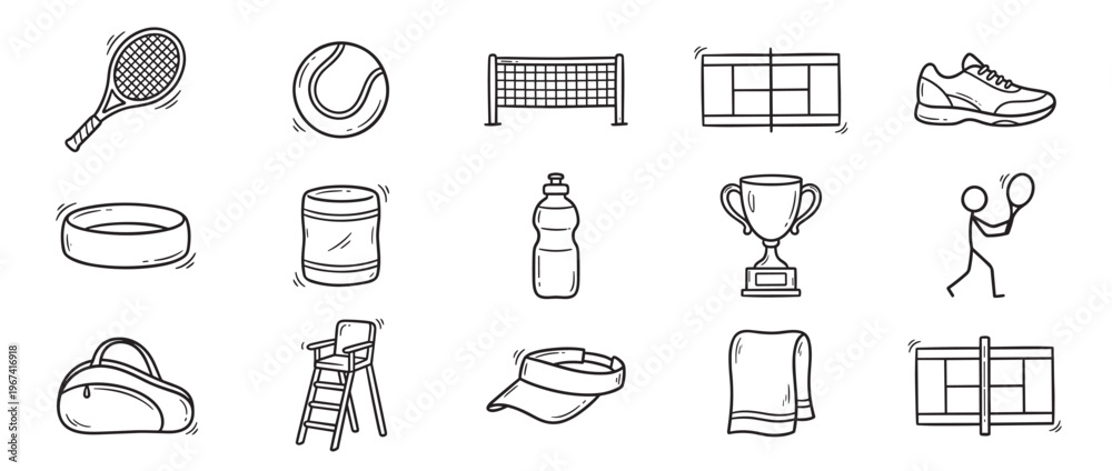Fototapeta premium Collection of hand-drawn tennis equipment and related items, including rackets, balls, nets, and a trophy, presented in a doodle style