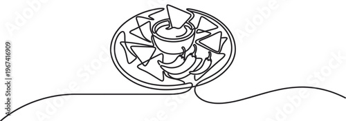 Continuous line drawing of a plate of nachos with a bowl of dip and chili peppers, presented in a minimalist, elegant style