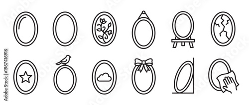 Collection of twelve oval mirror icons in a simple outline style, depicting various states and uses