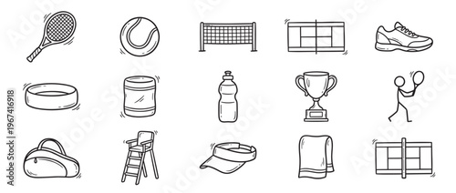 Collection of hand-drawn tennis equipment and related items, including rackets, balls, nets, and a trophy, presented in a doodle style
