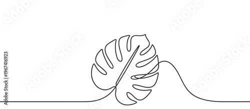 Single continuous line drawing of a monstera deliciosa leaf with a minimalist aesthetic and clean design