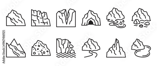Collection of twelve distinct black outline mountain and rock formations with various natural elements, presented as simple icons
