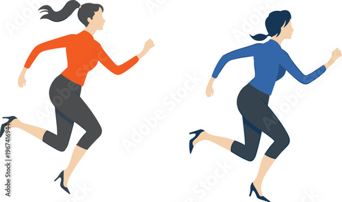 Businesswomen running fast career growth competition success motivation professional women sprint leadership ambition teamwork corporate lifestyle flat vector illustration