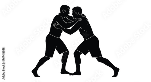 Two male wrestlers grappling intensely in a dynamic black silhouette