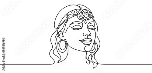 Beautiful woman's face with closed eyes and a decorative headband is depicted in a continuous line art drawing
