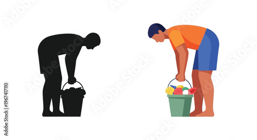 Man with bucket depicted in color and stark black silhouette