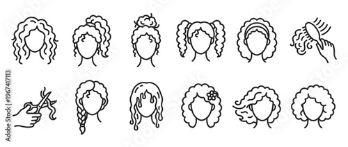 Collection of diverse curly hair icons with different styles and accessories, including brushing and cutting, presented in a clean line art style
