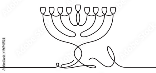 Continuous line art drawing of a traditional Jewish menorah with seven candle holders, rendered in a minimalist black outline style